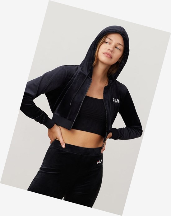 Fila Lou Cropped Velour Hoodie Blk/Wht | 84KHCBQSZ