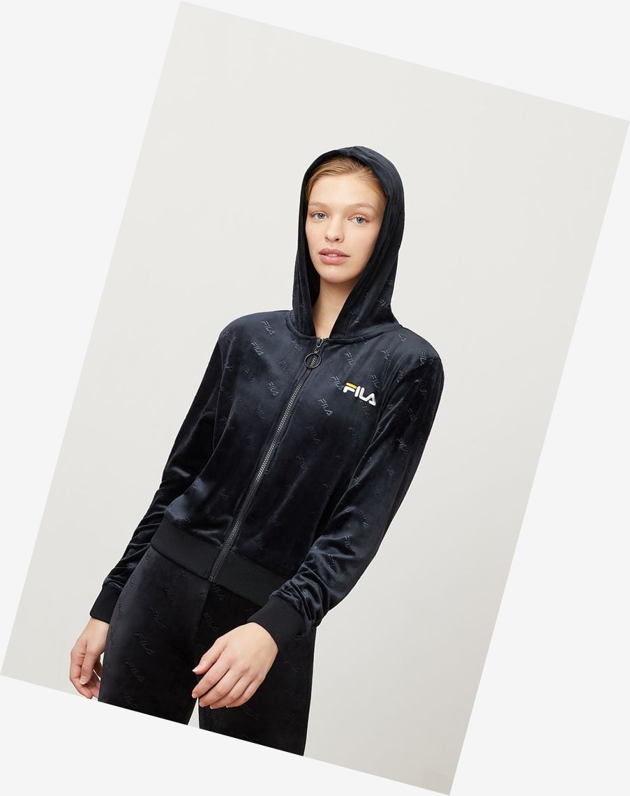 Fila Cipriana Embossed Velour Hoodie Blk/Wht | 60IJNXALU